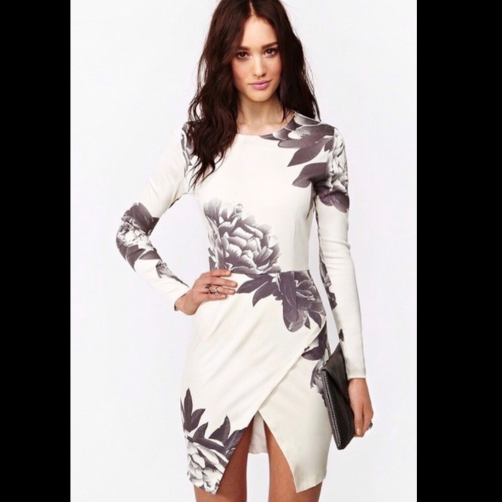 Nasty Gyal Long Sleeve White Dress With Grey Floral Pattern